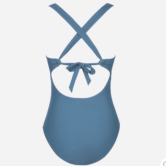 Cupshe V-Neck Side Ruching, Criss Cross Self Tie Back One Piece Swim Stone Blue - Picture 8 of 14